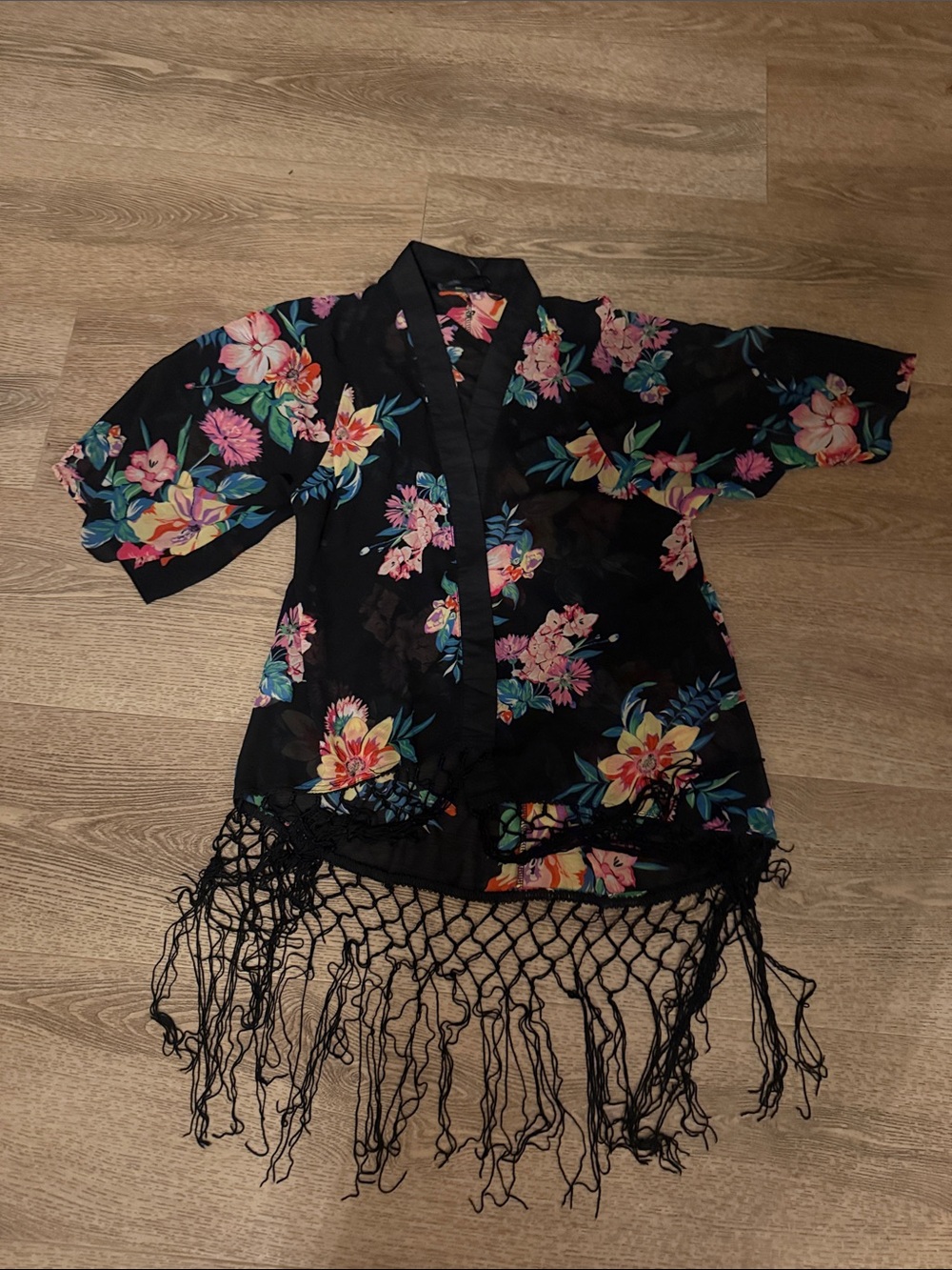 Floral Black Sheer Kimono with Fringe